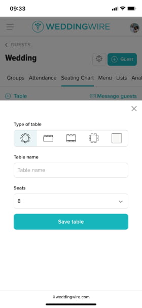 adding guests to different table configuration functionality